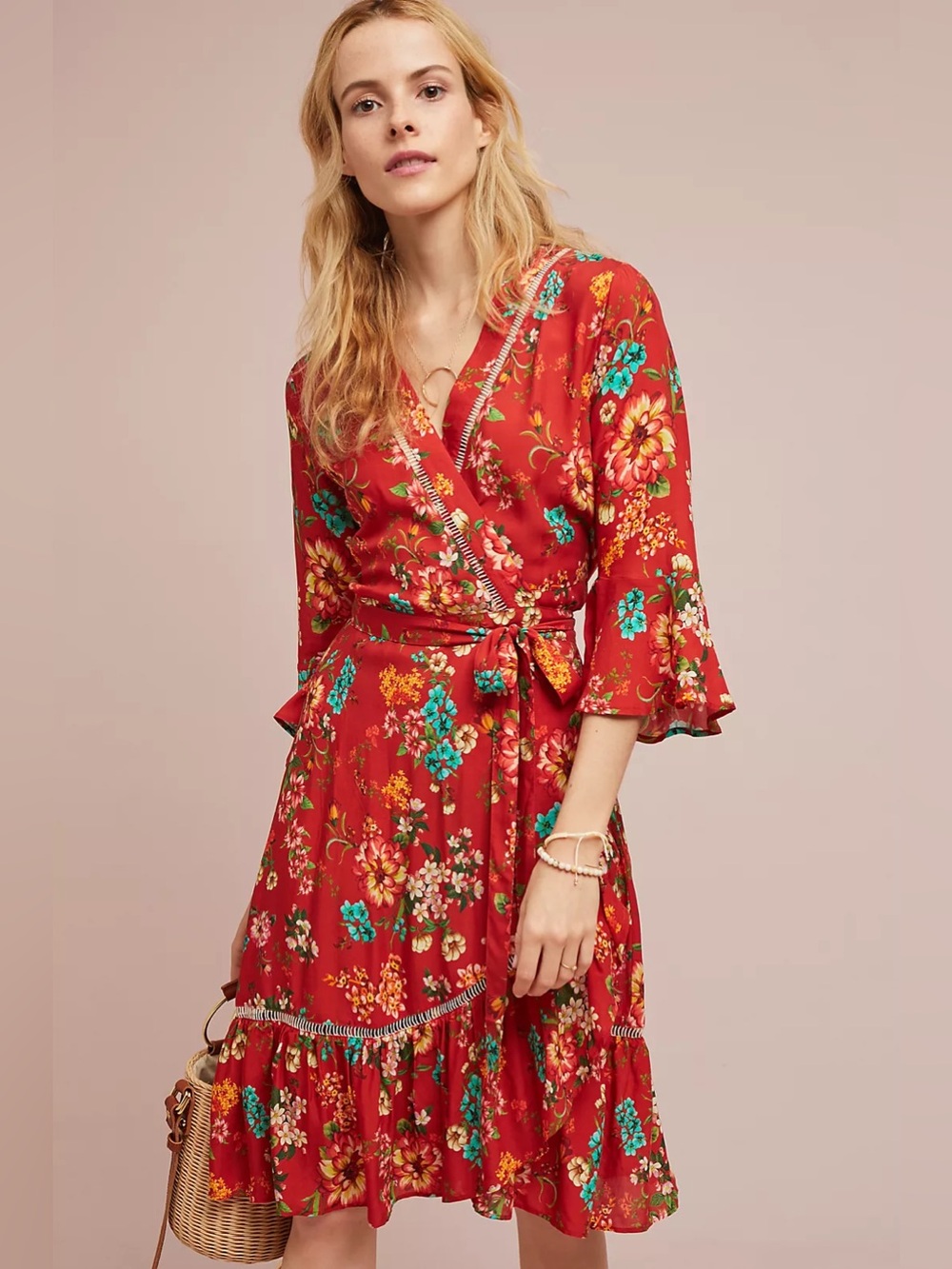 Anthropologie Farm Rio Kenzie Wrap Dress Floral Red Viscose Size Medium Feminine
